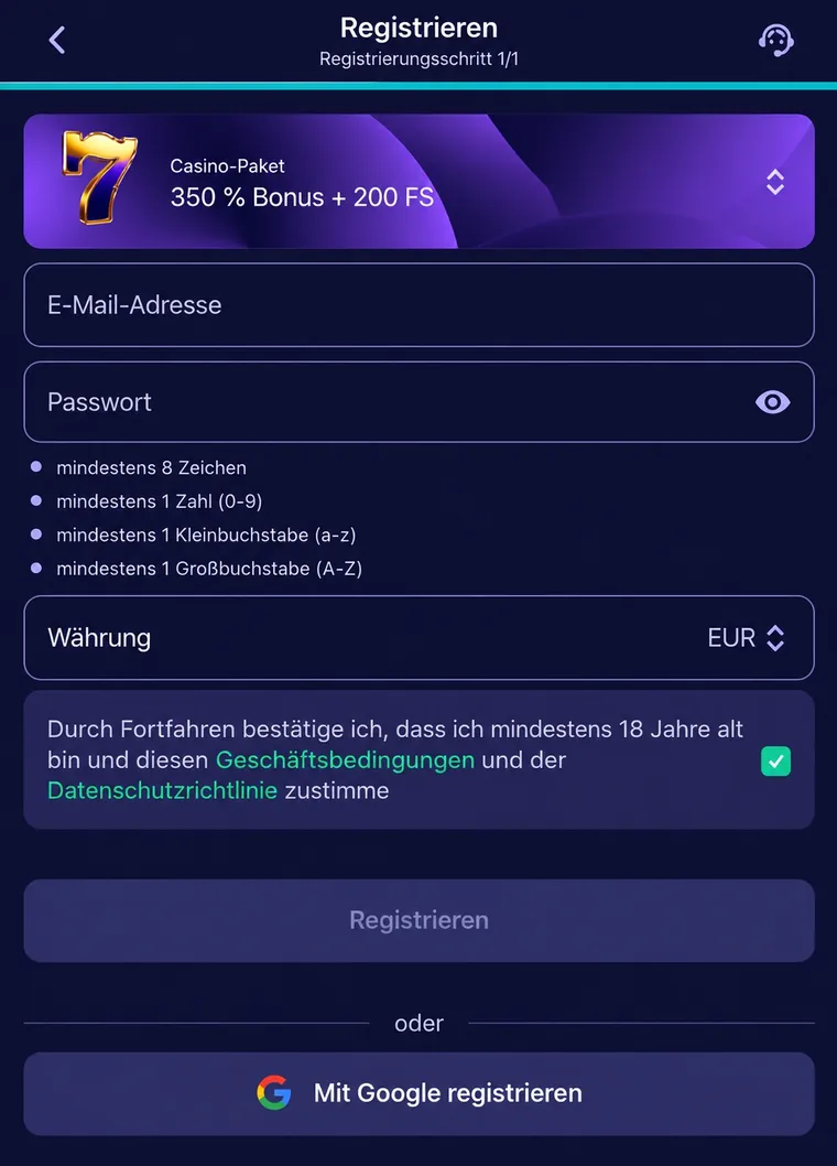 BetMatch regisztrációs űrlap: e-mail cím, jelszó, pénznem és a feltételek elfogadása
